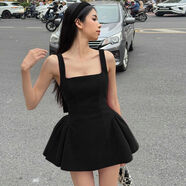 MSYOUCAN酒紅韻味絲絨質(zhì)感連衣裙高腰復古大露背蝴蝶結蓬蓬短裙 黑色 S S