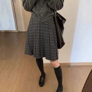 灰色羊毛學(xué)院風(fēng)格子百褶裙胖mm秋冬毛呢A字半身裙小個(gè)子中長(cháng)款裙 灰色 S S