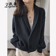 孜茜羊毛衫開(kāi)衫女復古女裝100%純羊毛翻領(lǐng)加厚毛衣寬松外套針織衫 灰色 L