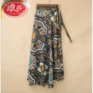 浪莎一片式印花系帶裹身裙度假風(fēng)高腰開(kāi)叉雪紡包臀裙半身不規則沙灘裙 花團錦簇2 均碼