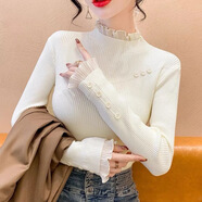 香影純蕾絲拼接半高領(lǐng)毛衣女秋冬季新款針織打底衫修身顯瘦洋氣內搭上衣 白色 L (建議105-115斤)