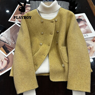 花花公子（PLAYBOY）黃色雙排圓領(lǐng)小香風(fēng)短款外套2025秋冬新品上市女裝小個(gè)子呢子大衣 黃色官方旗艦版 S