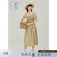 紫涵方領(lǐng)泡泡袖連衣裙女夏新款小眾蕾絲中長(cháng)裙高腰打攬七夕送女生 茶色 XS
