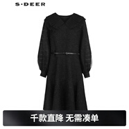 S.DEER圣迪奧女裝V領(lǐng)荷葉邊收腰網(wǎng)紗毛呢連衣裙S233Z12T1 黑色/91 L