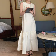 韓國chic復古赫本風(fēng)無(wú)袖連衣裙女夏季露背荷葉邊裙擺背心裙長(cháng)裙子 杏色 均碼 均碼