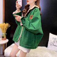 小紅書(shū)工裝牛仔外套女冬季新款韓版寬松加絨棉服 綠色 S