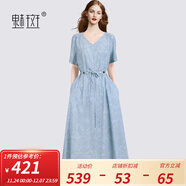 魅斑牛仔藍串珠系帶短袖連衣裙女2025新款連身裙夏天巨好看的裙子 藍色 L