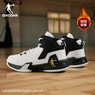 喬丹QIAODAN男鞋磨礪籃球鞋春季新品高幫皮面減震耐磨球鞋 喬丹白黑色(高幫加絨) 42