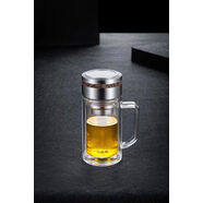 亞泰雙層玻璃杯帶把手柄泡茶杯辦公大容量加厚耐熱隔溫商用水杯 辦公把柄杯380ml+杯刷南極奇