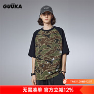 古由卡（GUUKA）美式潮牌短袖t恤男士五分半袖夏季新款夏裝拼接上衣寬松休閑迷彩 軍綠色 S