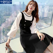 莫代爾法式針織連衣裙女2025秋冬新款收腰顯瘦小個(gè)子假兩件中長(cháng)款毛衣裙 黑色 M 95-105斤