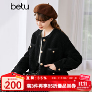 betu百圖女裝冬季新款短外套圓領(lǐng)復(fù)古時尚外套長袖短外套女2211T84 黑色 S