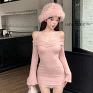 京東嚴選法式感一字肩拼接蕾絲針織連衣裙女秋冬季新款修身顯瘦包 粉色短裙 S S89-95斤