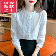 東方鴨24春秋新款白色襯衫長(cháng)袖襯衫領(lǐng)刺繡棉布上衣百搭氣質(zhì)襯衣小衫女 白色 L