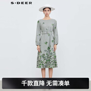 S.DEER圣迪奧女裝圓領(lǐng)印花燈籠袖毛呢連衣裙S23481201 中灰/77 L 170