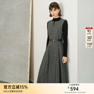 顏域綿羊毛格子連衣裙女款2025新款秋冬季復古中長款無袖圓領裙子 灰格 XL
