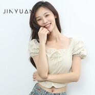 金苑（JINYUAN）短袖T恤女2023夏季新款方領(lǐng)泡泡設(shè)計(jì)感小眾短款上衣F232136 杏色 均碼