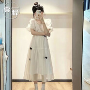 零釋（LINGSHI）白月光甜美初戀裙蝴蝶結小個子連衣裙女學生裙子夏季中長款a字裙 杏色 L 建議100-120斤