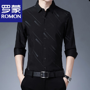 羅蒙（ROMON）純棉印花休閑襯衫男長(zhǎng)袖春夏季中青年商務(wù)免燙襯衣男士正裝外套男 R170黑色  薄款 XL /175/推薦135-150斤