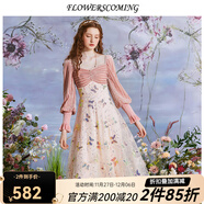 flowerscoming2024新款絲絨拼接蕾絲中長(cháng)款公主裙女網(wǎng)紗蝴蝶繡花珠片連衣裙修身 粉色 M