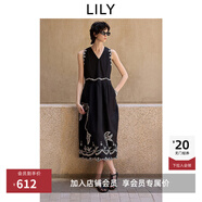 LILY2025夏新款女裝復古波西米亞風(fēng)棉麻飛鳥(niǎo)繡花無(wú)袖連衣裙小黑裙 510黑 M