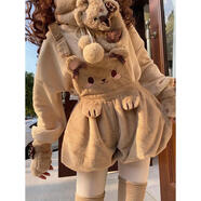 歐維沃一窩兔熊可愛(ài)毛茸茸小動(dòng)物加絨毛毛背帶褲 咖色背帶褲 S