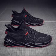 GUQIAN夏季透氣男鞋2025新款鞋子男網(wǎng)面網(wǎng)鞋運動(dòng)跑步休閑百搭黑色潮鞋 黑紅 42 (260mm)