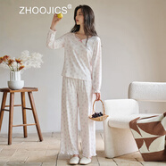 竹計（ZHOOJICS）品牌賽爾棉睡衣女秋季新款長(cháng)袖蕾絲圓領(lǐng)小碎花薄款家居服套裝 粉紅 L