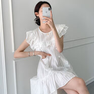 韓國chic夏季法式氣質(zhì)圓領(lǐng)拼接荷葉邊寬松飛飛袖小個(gè)子連衣裙短裙 白色 均碼 均碼