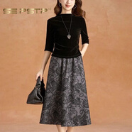 夏典素訂女王（SE.PSTP）金絲絨高貴洋氣兩件套裝連衣裙秋輕奢感民族風(fēng)半身裙 灰花【上衣+裙子】原創(chuàng  )輕奢大品牌官方旗艦 M 【85-105斤】