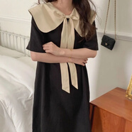 萬(wàn)欣兒韓國2025夏新款前后兩穿撞色娃娃領(lǐng)蝴蝶結連衣裙女黑色裙子 黑色 L (建議100到120斤)