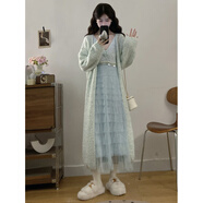 自由姑娘秋裝穿搭一整套微胖mm法式巨好看感慵懶風(fēng)針織開(kāi)衫連衣裙套裝 藍色 均碼