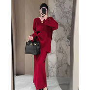 紅色v領(lǐng)針織套裝裙女秋冬新款韓版寬松高級感高腰半身長(cháng)裙兩件套 紅色兩件套 S (建議100斤內）