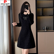 皮爾卡丹雪尼爾亮絲連衣裙女秋冬季新款洋氣假兩件中長(cháng)款收腰顯瘦裙子 黑色 L 建議90-110斤