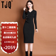 TJQ奢侈高檔品牌針織連衣裙女2025秋冬新款小個(gè)子配大衣毛衣領(lǐng)修身裙 黑色 2XL