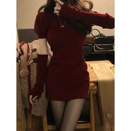 白色針織連衣裙女秋冬季新款小個(gè)子修身顯瘦短裙辣妹包臀毛衣裙子 酒紅色 S  80-95