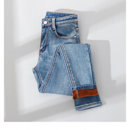 ANTCITY 202025秋冬款復古薄絨彈力緊身小腳牛仔九分褲女高腰修身抓絨鉛筆褲 復古藍(長(cháng)褲) 加絨 25