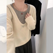 鹿王戀雪假兩件套頭毛衣女秋冬季2025新款圓領(lǐng)寬松顯瘦休閑打底針織衫上衣 米杏色 XL 【115-125斤】
