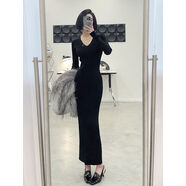 高個(gè)子春秋冬V領(lǐng)超長(cháng)拖地毛衣裙加長(cháng)袖修身打底針織連衣裙 黑色，加長(cháng)，高彈 L L