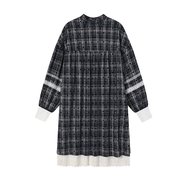 溥畔寅卯叁ym3格紋撞色蕾絲邊小高領(lǐng)連衣裙秋設計感襯衫袖精致娃娃裙 藍色 S 均碼