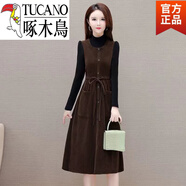 啄木鳥(niǎo)（TUCANO）新品時(shí)尚洋氣假兩件燈芯絨連衣裙女2025春秋季修身顯瘦中長(cháng)款a字 咖色旗艦款 M _建議80-100斤