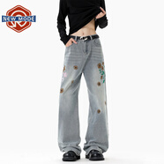 NEW OR MODE美式水洗貓須刺繡牛仔褲男士秋季新款潮流高街寬松經(jīng)典款直筒長(cháng)褲 藍色 L 【建議110-130斤】