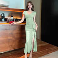 芳透夜店輕熟風(fēng)低胸v領(lǐng)短袖修身長(cháng)裙荷葉邊網(wǎng)紗拼接開(kāi)叉收腰連衣裙子 淺綠色 L