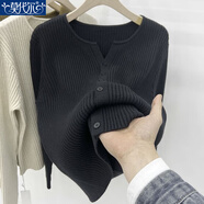 莫代爾法式復古坑條針織衫女2025春秋冬新款高級感氣質(zhì)內搭打底寬松上衣 黑色 M