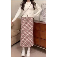 大碼秋冬胖mm粉色格子毛呢包臀半身裙女高腰顯瘦格紋a字新款長(cháng)裙 粉色*毛呢裙【中長(cháng)款】后開(kāi)叉 S  建議80-98斤