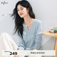 伊芙麗（eifini）伊芙麗圓領(lǐng)撞色邊坑條氣質(zhì)設計感時(shí)尚柔軟親膚針織開(kāi)衫2025春季 藍色 S