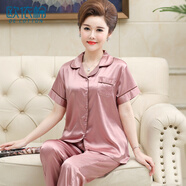 歐依棉睡衣女中年媽媽夏季冰絲短袖絲綢中老年仿真絲家居服大碼女夏套裝 1890肉粉R2 XXL碼建議140-160斤