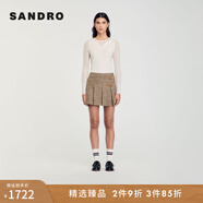 SANDRO秋冬女裝法式簡(jiǎn)約學(xué)院風(fēng)棕黃色復古格紋皮扣百褶半身短裙 棕黃色 XS (34)