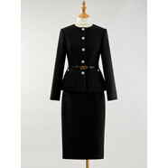 X.C.N 祥春鳥(niǎo)高端職業(yè)套裙女秋冬季羊毛西裝套裝氣質(zhì)通勤收腰小西服正裝工作服 黑色 贈送腰帶款式隨機 S