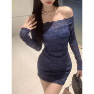 小紅書(shū)爆款純欲性感一字肩蕾絲長(cháng)袖連衣裙女早春新款辣妹修身顯瘦 藍色一字肩修身包臀裙一字肩連衣裙包臀修身包身裙包臀 S S